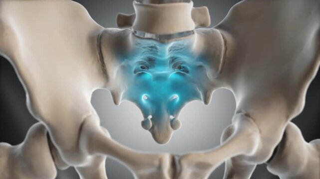 Detailed view of the human pelvis anatomy highlighting the sacrum and coccyx bones with a glowing blue representation of the sacral area, for skeletal system education.