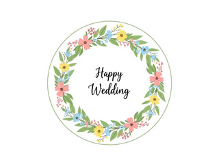 Elegant floral wreath with 'Happy Wedding' text, a beautiful graphic concept for celebrating love, new beginnings, and joyous matrimonial occasions