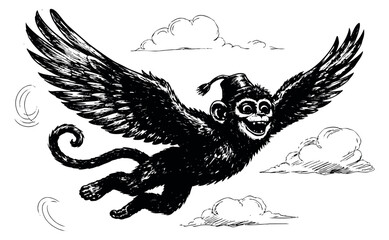 Naklejka premium Hand drawn line art illustration of a winged monkey joyfully flying for fantasy or adventure themes