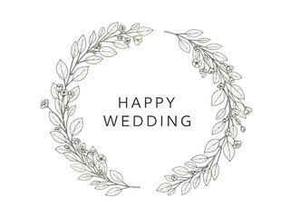 Elegant botanical line art wreath illustration with 'Happy Wedding' text, ideal for stylish invitations, cards, and romantic celebration designs