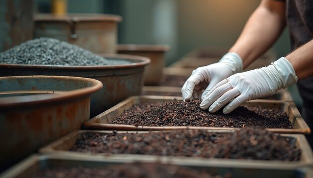Worker with white gloves sorts dried tea leaves in factory. Close-up of hands inspecting raw tea material for quality. Focus on precision, careful handling of ingredients. Production line work in