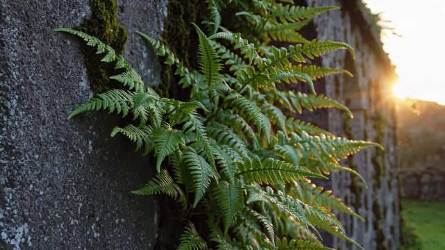 Lush ferns grow on a weathered stone wall, illuminated by the soft glow of sunlight. This serene scene captures the harmony between nature and stone, with ferns vibrant and rich.