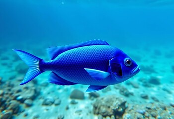 Fototapeta premium Vibrant blue fish swimming in crystal clear ocean water, showcasing its elegant fins and scales in a serene underwater scene, vibrant, saltwater