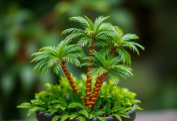 Miniature coconut palm trees in a pot, lush green foliage, exotic plant, coconut palm