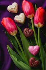 Red tulips and heart-shaped chocolates symbolizing romance and affection on a purple background, ideal for celebrations