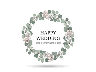 Obraz premium Happy Wedding Invitation Card with Floral Wreath and Romantic Text
