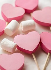 Pink heart-shaped lollipops and fluffy white marshmallows representing love, romance, and sweet treats