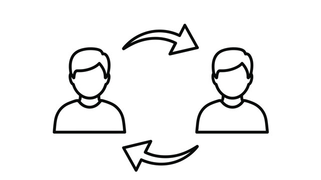 Two person silhouettes connected by reciprocal arrows symbolizing interaction and communication flow