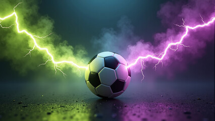 Fototapeta premium Soccer ball blazes on wet floor—yellow-green and pink-purple lightning split through center, mist swirls, dark stage pulses with surreal energy and electrified anticipation. 