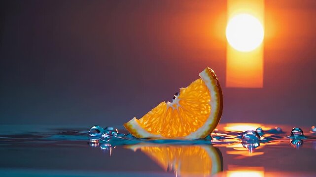 A slice of orange is placed on a reflective surface, with droplets surrounding it. The orange slice and droplets catch the light from the setting sun in the background.