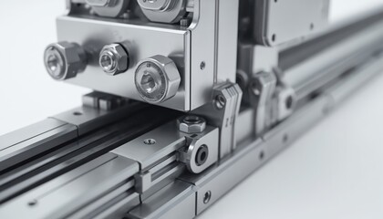 Shiny metal linear motion guide rail system. Precision engineering components and fasteners assembled for accurate mechanical movement. High tech industrial equipment.