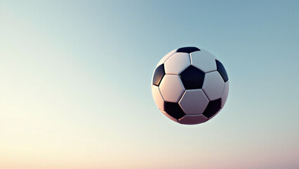 Fototapeta premium A classic soccer ball floats midair, centered in a beige-blue sky. The scene feels weightless and poised—an elegant moment of motion suspended, geometry meeting atmosphere in quiet athletic grace.