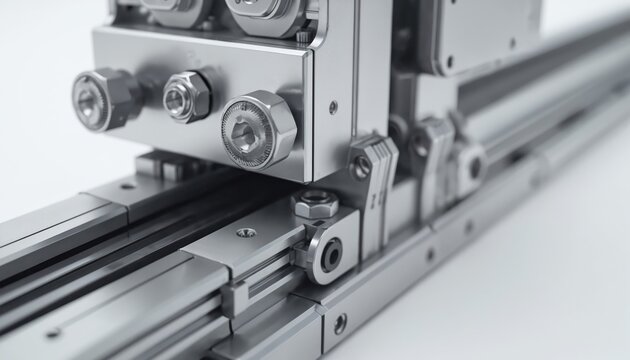 Shiny metal linear motion guide rail system. Precision engineering components and fasteners assembled for accurate mechanical movement. High tech industrial equipment.