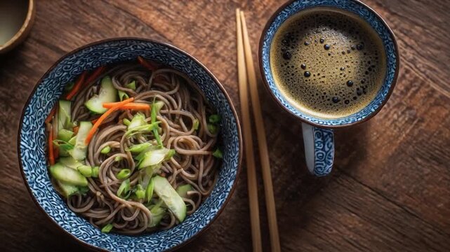 A still-life shot of soba noodles with veggies and a cup of coffee, set on wooden surface