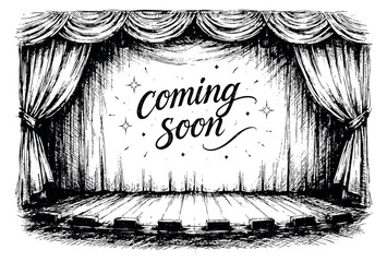 Fototapeta na wymiar Hand drawn line art illustration of a theater stage depicting 'coming soon' lettering for promotions and announcements