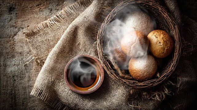 Rustic still-life featuring steamed bread rolls in a woven basket and a cup of steaming liquid