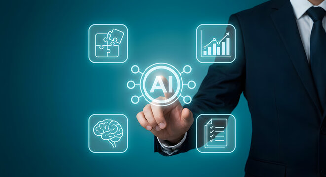 Businessman in suit touching artificial intelligence AI glowing icon with digital interface showing brain analysis data charts and puzzle pieces for smart business technology solution - Powered by Adobe