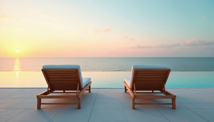 Two empty wooden lounge chairs face ocean horizon at sunset. Infinity pool reflects pastel sky. Peaceful seaside resort invites relaxation and calm.