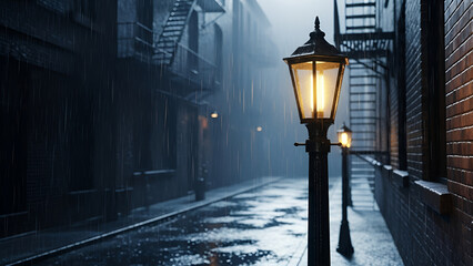 Gritty noir streetlamp in a dark, rain-slicked alley, ideal for crime thrillers, Halloween promotions, mystery novel covers, and urban suspense film backgrounds. Features high-contrast chiaroscuro.