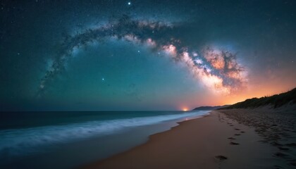 Milky Way arch spans dark sky over calm ocean waves washing empty beach sand. Distant lights glow on horizon, footprints lead along shore at night.