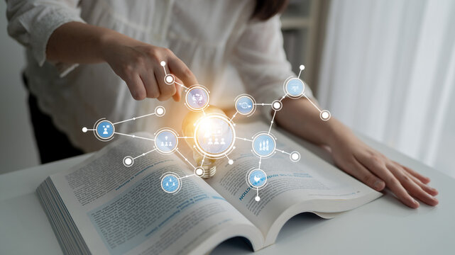 A creative representation of knowledge sharing through an open book with virtual icons and connections, symbolizing digital interaction and innovative learning. Tessel
