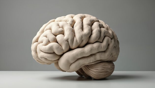 Stone sculpture of human brain shown in detail. Textured surface with visible gyri and sulci. Object rests on light surface against grey background. Represents cognition and medical concepts.