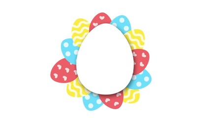 Bright animation with colorful pink, blue and yellow easter eggs and copy space on the white background. Happy easter background.