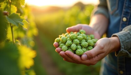 Farmer holds fresh green hops in hand at sunrise. Person gathers crop in field. Man works on farm, prepares ingredients for brewing beer. Agriculture concept with copy space.