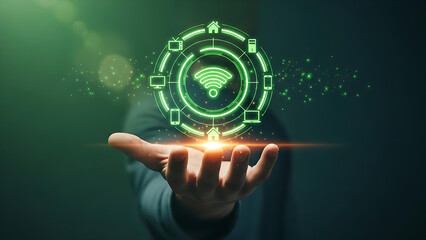 Hand Holding Glowing Wi-Fi Hologram Icon with Digital Network Technology Concept