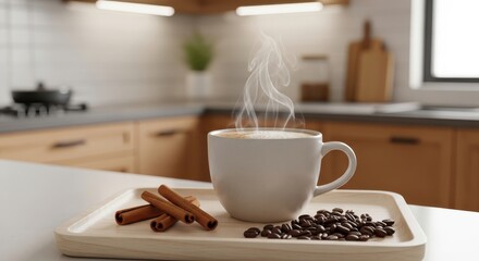 Steaming hot beverage with spices rests on a light wooden tray in a modern kitchen setting