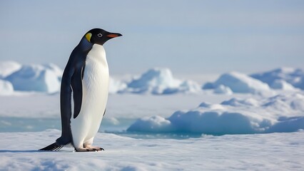Obraz premium Penguin standing on icy terrain with snow-covered landscape in the background