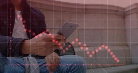 Scrolling man holding smartphone sitting on stone bench and wall in dark jacket bag digital overlay