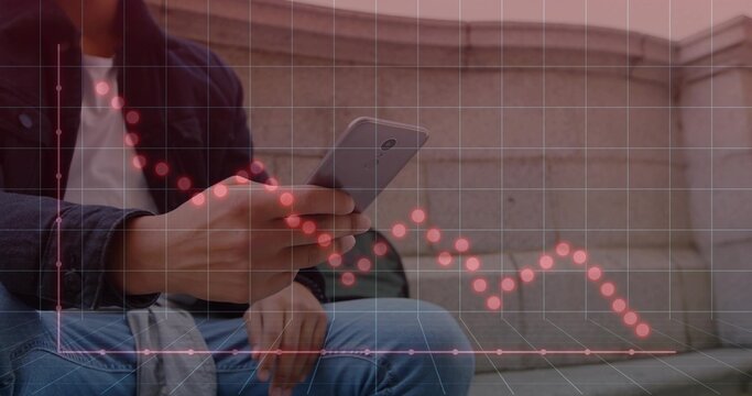 Scrolling man holding smartphone sitting on stone bench and wall in dark jacket bag digital overlay - Powered by Adobe