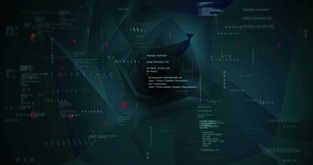 Rotating central spiral drawing viewer inward in virtual data field with code, binary, red glyphs