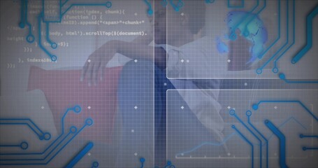 Standing faint Black woman in suit-and-tie holding red folder over circuitry with UI panels, code