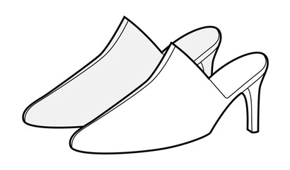 Mule shoe women sketch pair. Open back mid heel shoe for party, vacation, casual summer outfit. Technical fashion illustration, CAD mockup, detailed vector men unisex isolated chic style.
