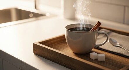 Steaming hot beverage served in a mug with a spice stick rests upon a wooden serving tray in a bright kitchen setting.