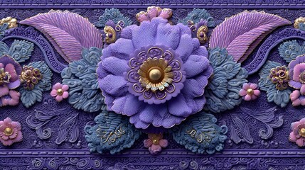 Seamless luxury fabric pattern with deep indigo blue background featuring intricate golden floral damask and white blossoms.