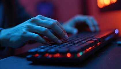 Hands type on mechanical keyboard, dim room, vibrant neon blue and red lights. Gamer plays computer game, programmer codes online, uses tech gadget.