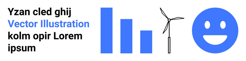 Fototapeta premium Renewable energy, data analysis, sustainability, ecological impact, clean energy, positivity. Bar graph, wind turbine and smiling face . Renewable energy and data analysis concepts