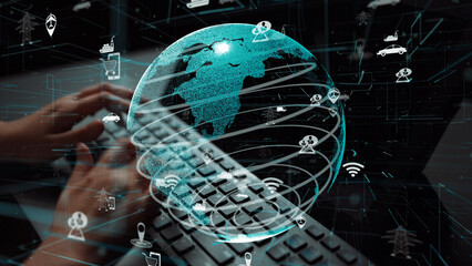 A futuristic representation of global connectivity featuring a digital globe and communication icons, capturing the essence of technology and interaction in today world. Xenic