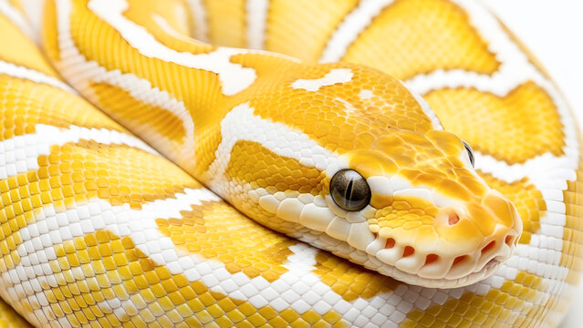 close up of a python snake, Macro Portrait of an Albino Ball Python Showing Detailed Scale Texture and Golden Patterns