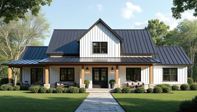 Modern farmhouse style home with white board, batten siding, dark metal roof, inviting porch. Features wood columns, multiple windows, rich green lawn. Residence combines contemporary design with