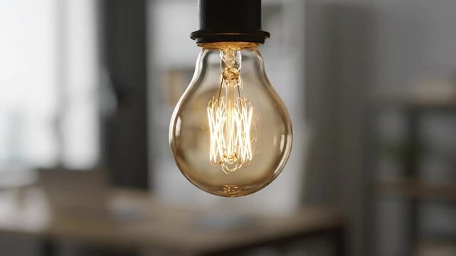 Antique light bulb glows warmly with intricate filament