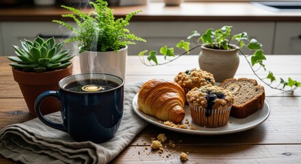 Freshly brewed hot beverage accompanies assorted baked goods on a rustic wooden surface indoors