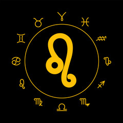 Leo zodiac symbol with astrological signs in golden line style on black background
