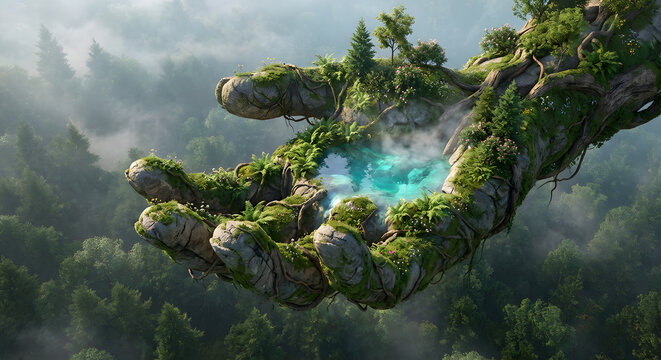 Surreal fantasy 3D illustration of a giant stone hand covered in moss and trees holding a crystal clear blue lake floating above a misty green forest representing nature protection