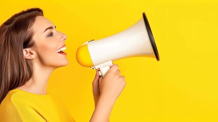 Megaphone Moment: A woman passionately communicates into a megaphone, set against a vibrant background, signifying announcement, empowerment, and amplified voices. 