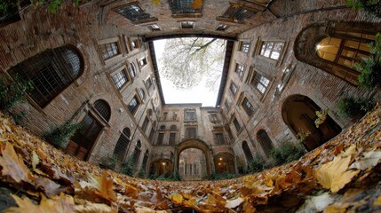 Historic building courtyard with fallen autumn leaves