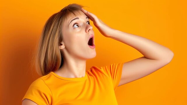 Startled Woman: Captured mid-reaction, a woman expresses shock and surprise, her expression and pose reflecting disbelief and awe. Set against a vibrant background.